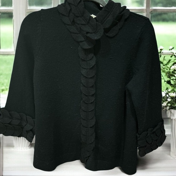 ANTHROPOLOGIE MOTH 100% Wool Sweater Cardigan Black Snaps Ruffles L - Picture 1 of 9